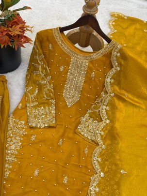 Elegant Fendy Silk Embroidered Yellow Suit Paired With Palazzo And Dupatta