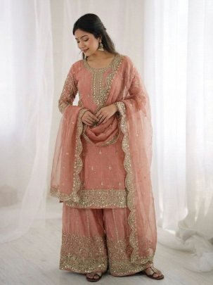 Elegant Fendy Silk Palzzo Suit With Embroidery Sequence Work Dupatta
