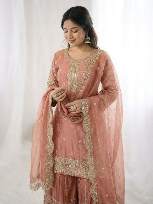 Elegant Fendy Silk Palzzo Suit With Embroidery Sequence Work Dupatta