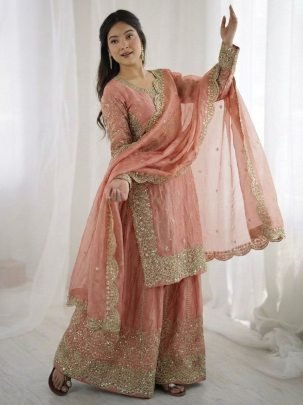 Elegant Fendy Silk Palzzo Suit With Embroidery Sequence Work Dupatta