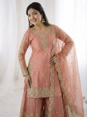 Elegant Fendy Silk Palzzo Suit With Embroidery Sequence Work Dupatta