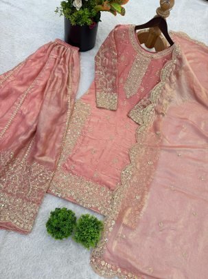 Elegant Fendy Silk Palzzo Suit With Embroidery Sequence Work Dupatta