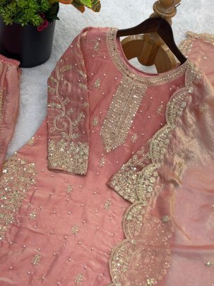 Elegant Fendy Silk Palzzo Suit With Embroidery Sequence Work Dupatta