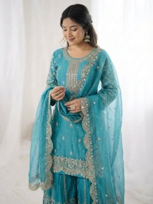Elegant Fendy Silk Turquoise Blue Palzzo Suit With Embroidery Sequence Work Dupatta