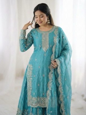 Elegant Fendy Silk Turquoise Blue Palzzo Suit With Embroidery Sequence Work Dupatta
