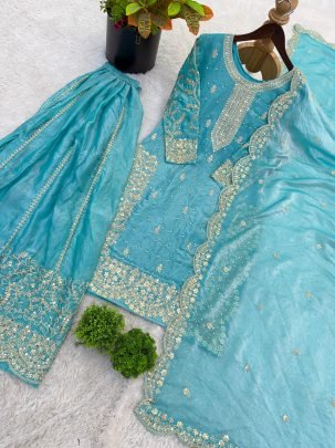 Elegant Fendy Silk Turquoise Blue Palzzo Suit With Embroidery Sequence Work Dupatta