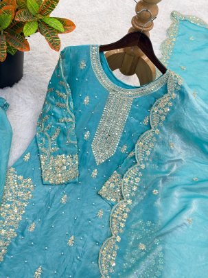 Elegant Fendy Silk Turquoise Blue Palzzo Suit With Embroidery Sequence Work Dupatta