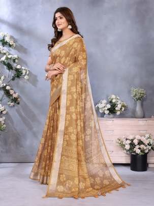 Elegant Golden Linen Saree With Floral Woven Motifs And Matching Designer Blouse
