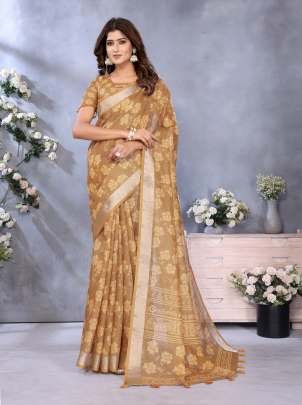 Elegant Golden Linen Saree With Floral Woven Motifs And Matching Designer Blouse