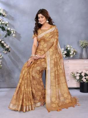 Elegant Golden Linen Saree With Floral Woven Motifs And Matching Designer Blouse