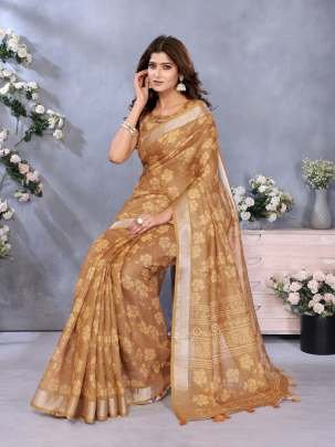 Elegant Golden Linen Saree With Floral Woven Motifs And Matching Designer Blouse