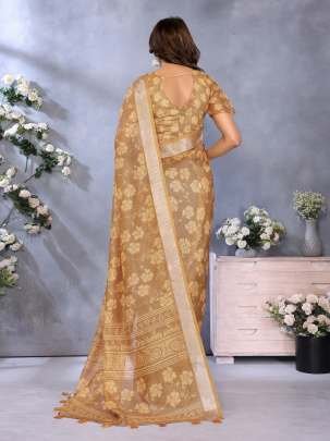 Elegant Golden Linen Saree With Floral Woven Motifs And Matching Designer Blouse
