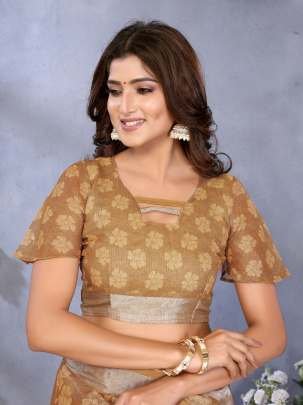 Elegant Golden Linen Saree With Floral Woven Motifs And Matching Designer Blouse