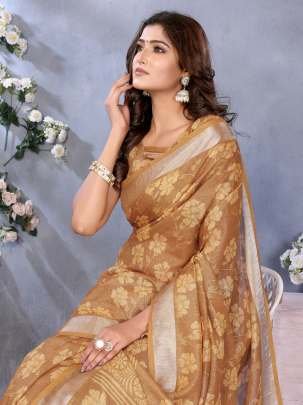 Elegant Golden Linen Saree With Floral Woven Motifs And Matching Designer Blouse