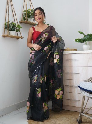 Elegant Handpainted Organza Silk Saree