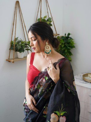 Elegant Handpainted Organza Silk Saree