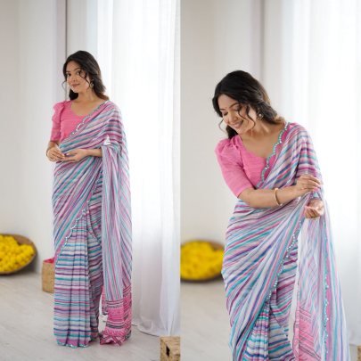 Elegant Heavy Georgette Silk Printed Saree With Mirror Work Border
