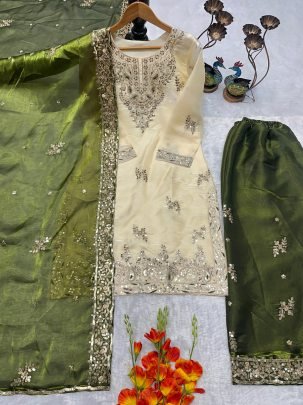 Elegant Heavy Silk Embroidered Cream Kurti Pant Set With Green Dupatta