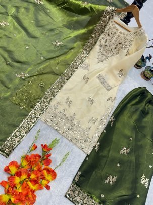 Elegant Heavy Silk Embroidered Cream Kurti Pant Set With Green Dupatta
