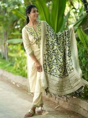 Elegant Khadi Cotton Embroidered White Kurti With Silk Dupatta