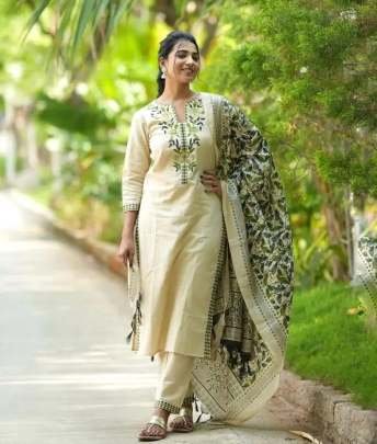 Elegant Khadi Cotton Embroidered White Kurti With Silk Dupatta
