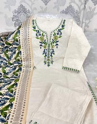 Elegant Khadi Cotton Embroidered White Kurti With Silk Dupatta