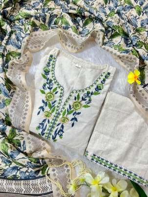 Elegant Khadi Cotton Embroidered White Kurti With Silk Dupatta