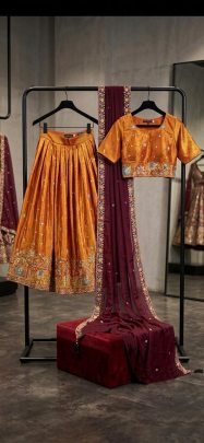 Elegance Embroidered Lehenga Choli with Wine Dupatta