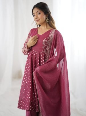 Elegant Magenta Silk Embroidered Kurti Palazzo With Dupatta