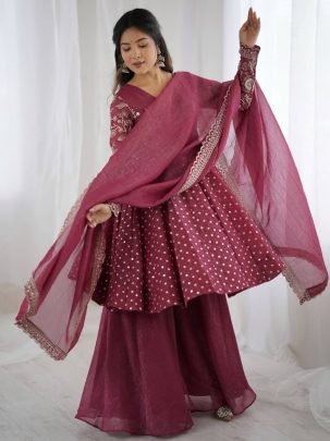 Elegant Magenta Silk Embroidered Kurti Palazzo With Dupatta