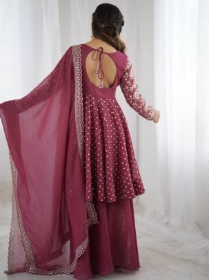 Elegant Magenta Silk Embroidered Kurti Palazzo With Dupatta