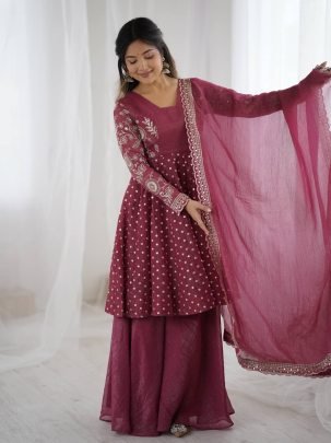 Elegant Magenta Silk Embroidered Kurti Palazzo With Dupatta