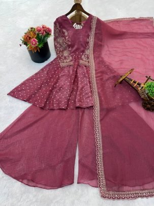 Elegant Magenta Silk Embroidered Kurti Palazzo With Dupatta