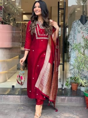 Elegant Maroon Cotton Slub Embroidered Kurta Pant Jacquard Dupatta