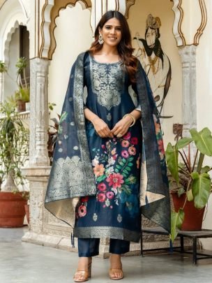 Elegant Navy Blue Chanderi Cotton Kurta Paired With Chanderi Dupatta