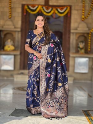 Elegant Navy Blue Paithani Silk Saree With Flower Design Pallu