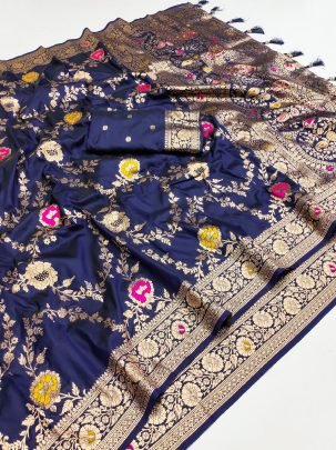 Elegant Navy Blue Paithani Silk Saree With Flower Design Pallu