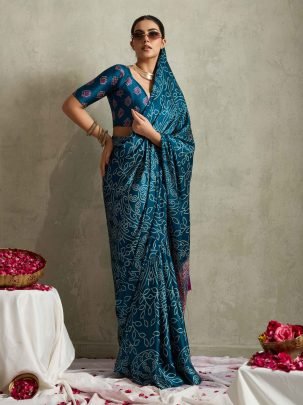 Elegant Navy Blue Satin Silk Bandhani Printed Saree With Unstitched Blouse