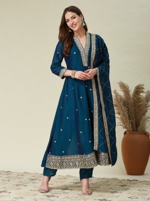 Elegant Navy Blue Vichhitra Silk Embroidered Kurta Pant Dupatta Set