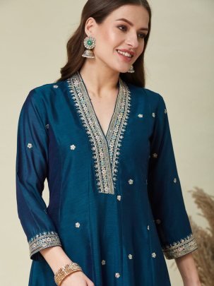 Elegant Navy Blue Vichhitra Silk Embroidered Kurta Pant Dupatta Set