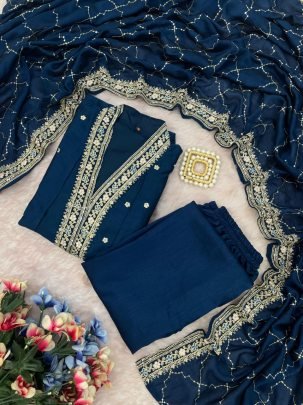 Elegant Navy Blue Vichhitra Silk Embroidered Kurta Pant Dupatta Set