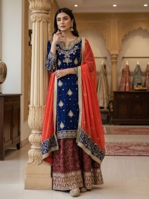 Elegant Navy Blue Zari Kurti Palazzo Set