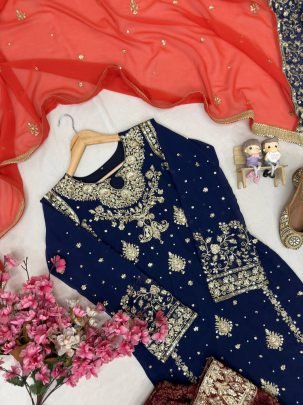 Elegant Navy Blue Zari Kurti Palazzo Set