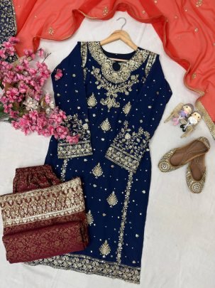Elegant Navy Blue Zari Kurti Palazzo Set