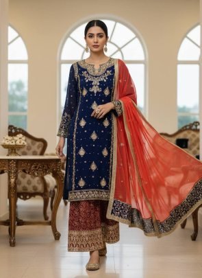 Elegant Navy Blue Zari Kurti Palazzo Set