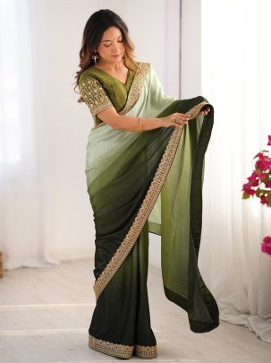 Elegant Olive Green Chinon Silk Saree With Thread And Sequin Lace Work