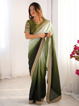 Elegant Olive Green Chinon Silk Saree With Thread And Sequin Lace Work