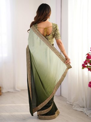 Elegant Olive Green Chinon Silk Saree With Thread And Sequin Lace Work