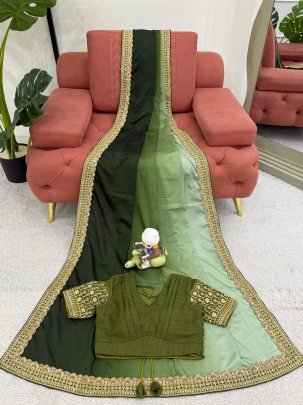 Elegant Olive Green Chinon Silk Saree With Thread And Sequin Lace Work