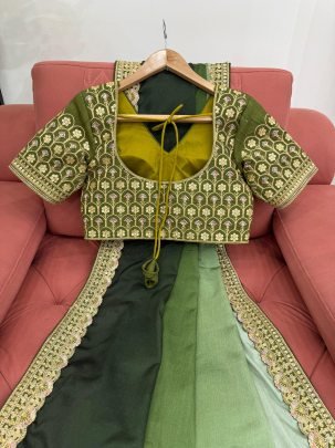 Elegant Olive Green Chinon Silk Saree With Thread And Sequin Lace Work